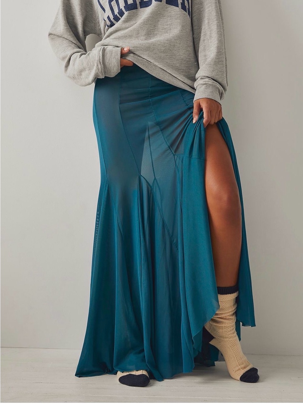 NEVER WORN Free People Teal Maxi Skirt with High Side Slit